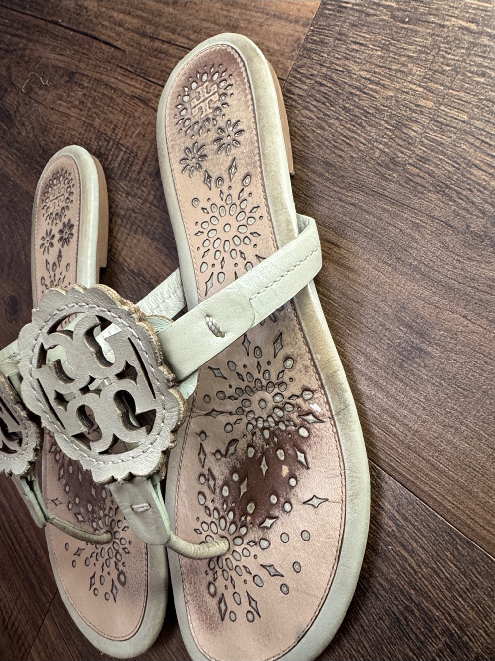 Tory Burch Miller Scalloped Medallion Sandals in a neutral beige or almond - Picture 5 of 16